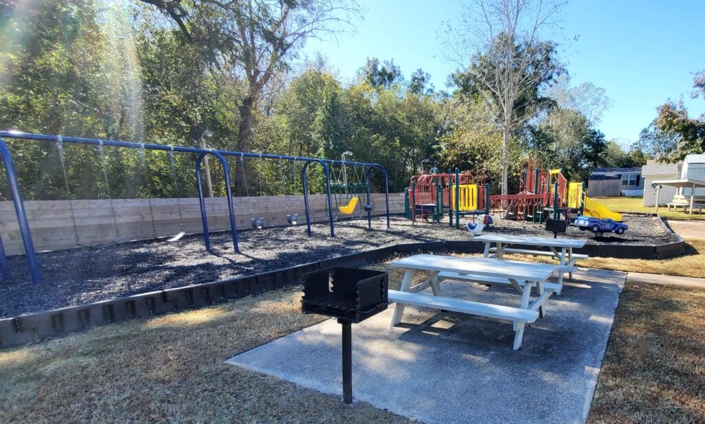 Blue swing set next to picnic tables