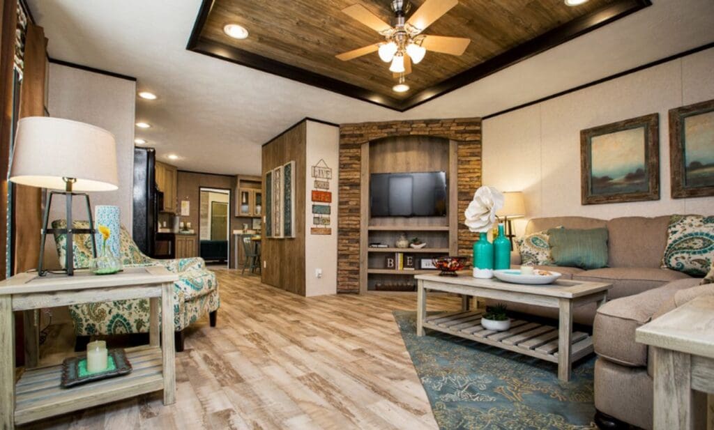 Rustic living room with teal accents